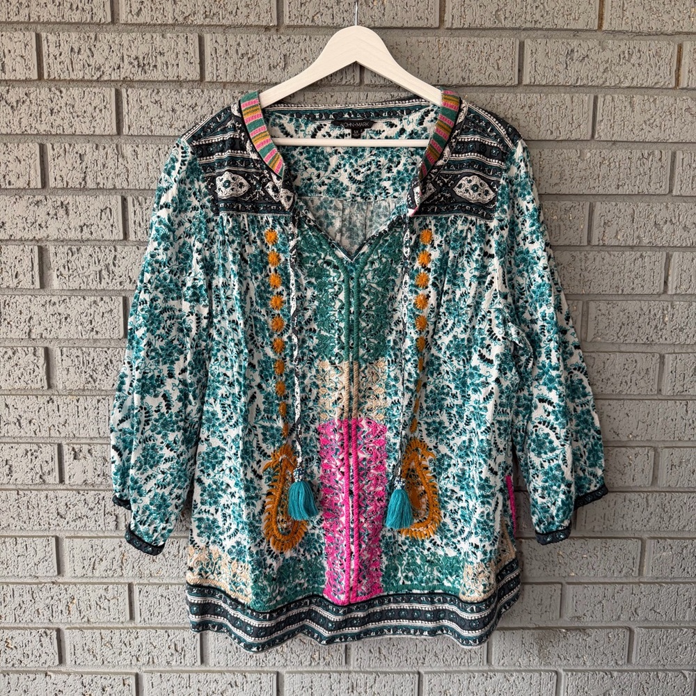 John Mark Womens V-Neck Long Sleeve Top Size 1x Multicolor Tassle Tie Bohemian